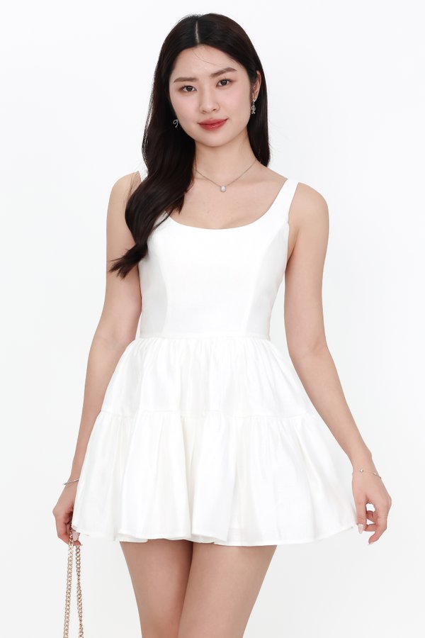 Tiffy Tiered Romper Dress in White Tiffy Tiered Romper Dress in White