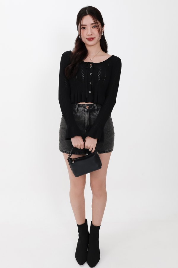 Phelia Pointelle Knit Cardigan Top in Black Phelia Pointelle Knit Cardigan Top in Black