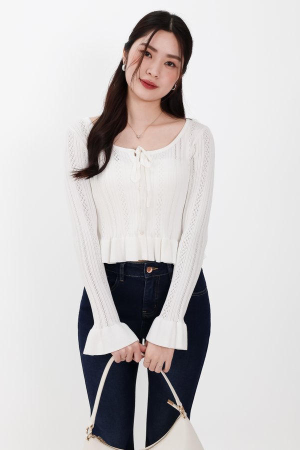 Phelia Pointelle Knit Cardigan Top in White Phelia Pointelle Knit Cardigan Top in White