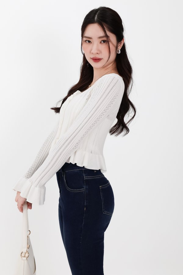 Phelia Pointelle Knit Cardigan Top in White Phelia Pointelle Knit Cardigan Top in White