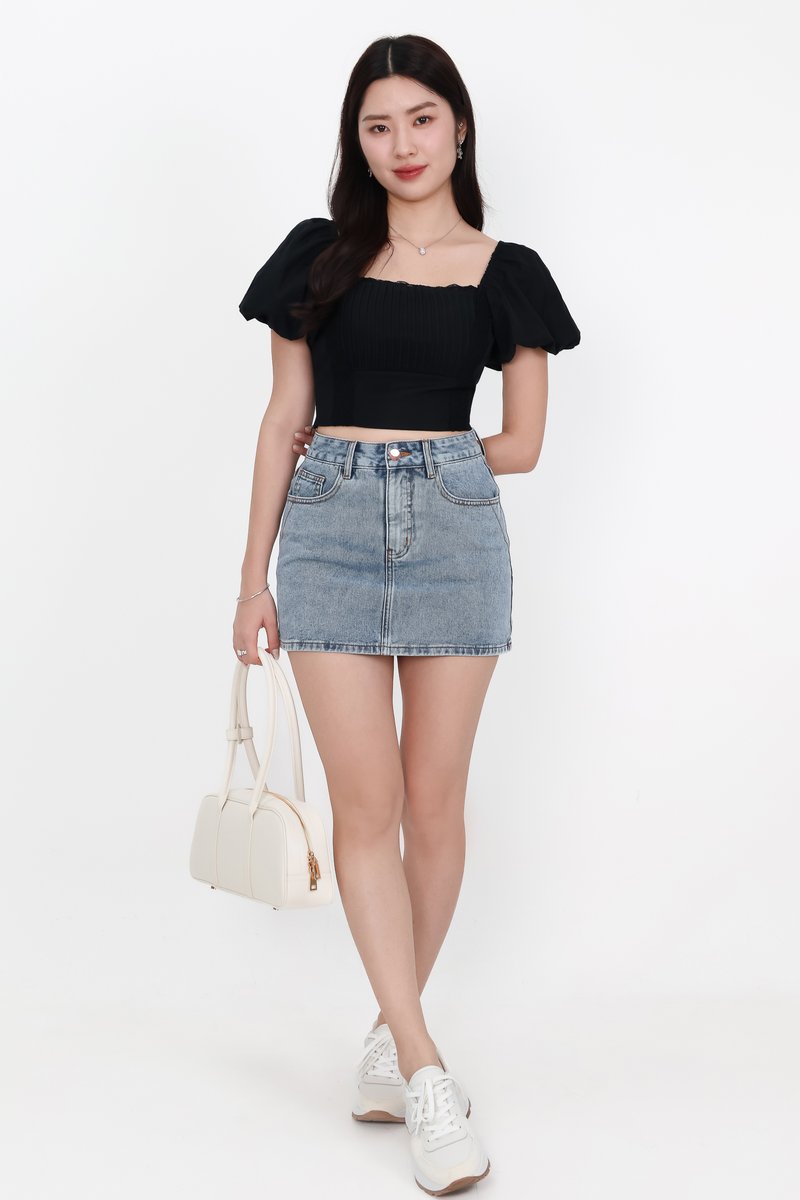 Pamela Pleated Puffy Sleeved Top in Black