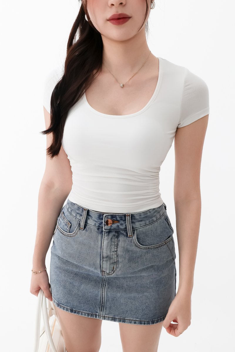 Rwella Ruched Round Neck Tee in White