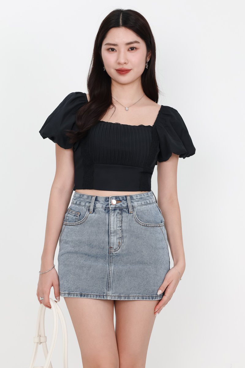 Pamela Pleated Puffy Sleeved Top in Black