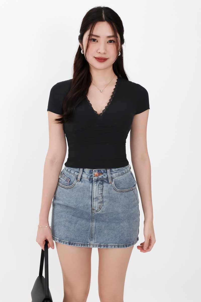 Lenna Lace Trim Tee in Black