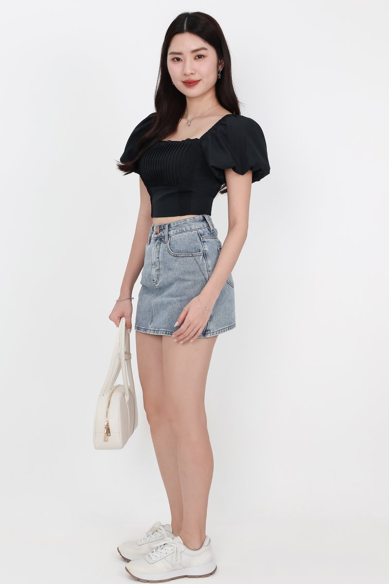 Pamela Pleated Puffy Sleeved Top in Black