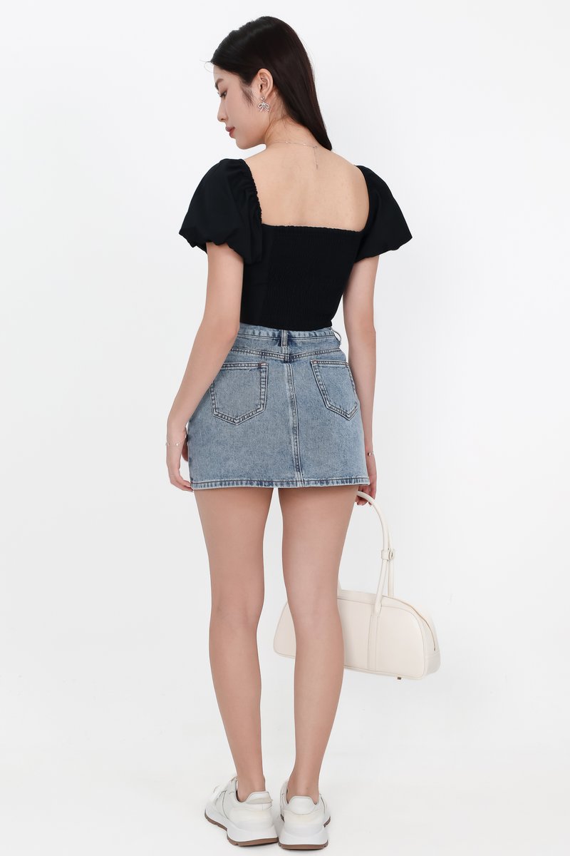 Pamela Pleated Puffy Sleeved Top in Black