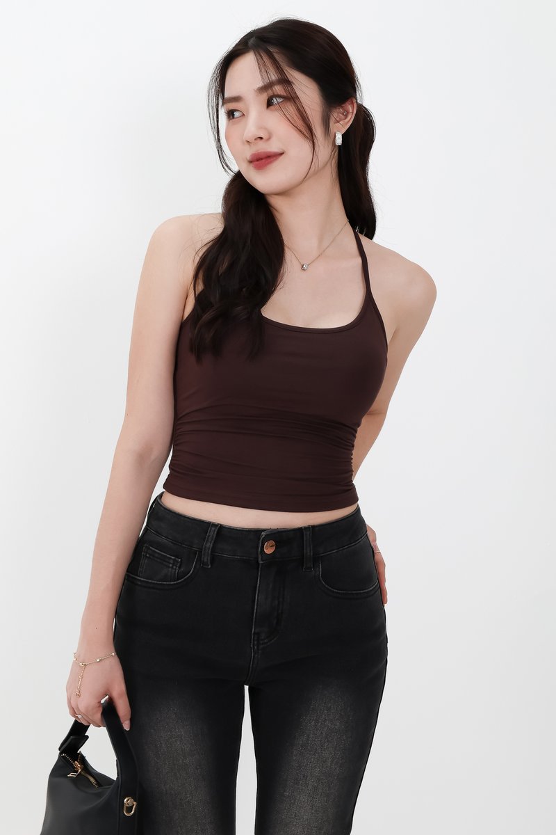 BACKORDER | Rena Ruched Halter Top in Dark Brown