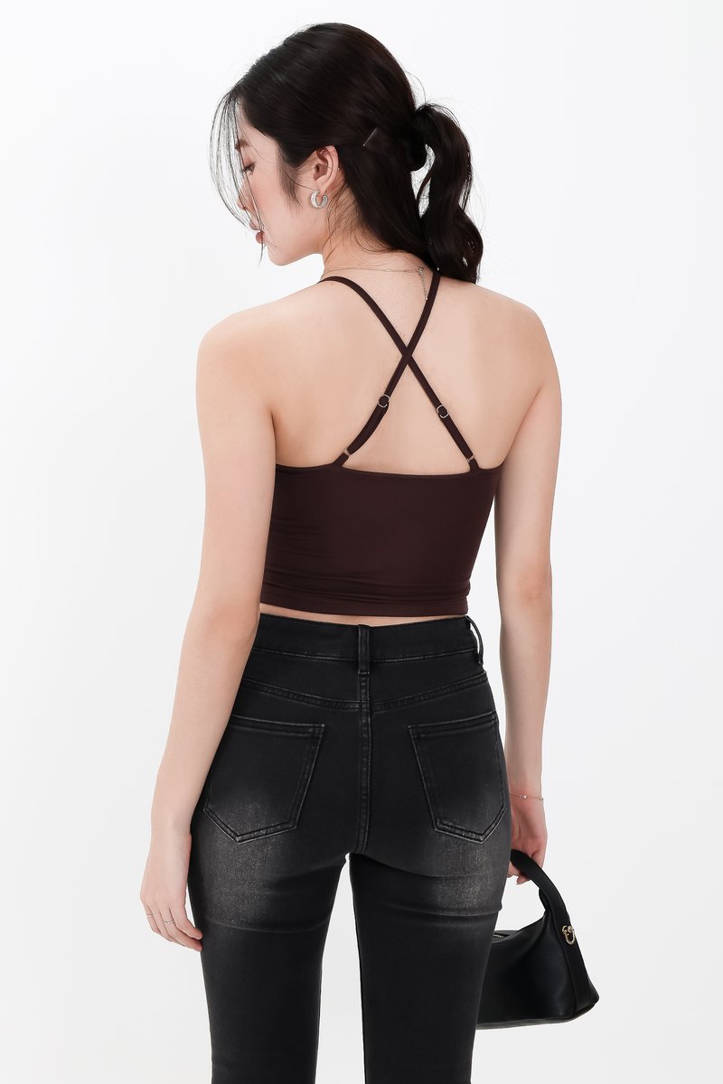 BACKORDER | Rena Ruched Halter Top in Dark Brown