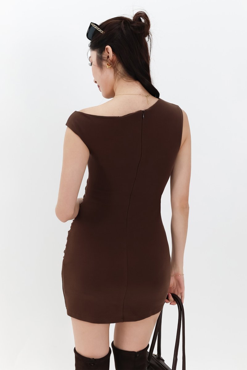 Olivia One Shoulder Ruched Mini Dress V2 in Brown