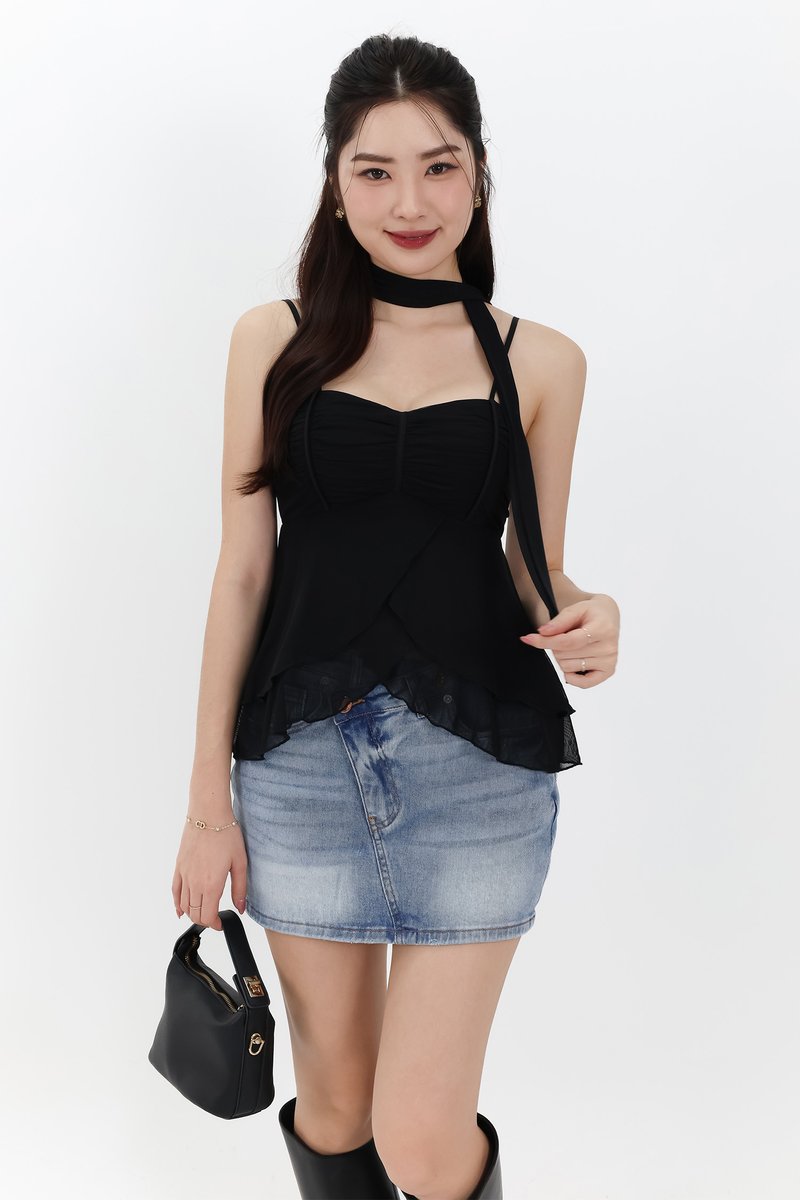 Maisie Mesh Babydoll Top with Sash in Black