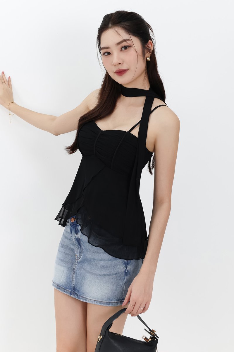 Maisie Mesh Babydoll Top with Sash in Black
