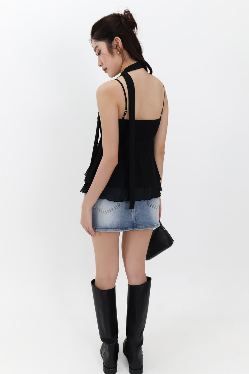 Maisie Mesh Babydoll Top with Sash in Black