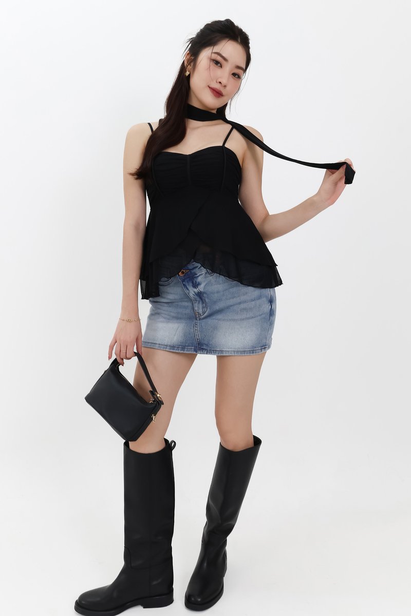 Maisie Mesh Babydoll Top with Sash in Black