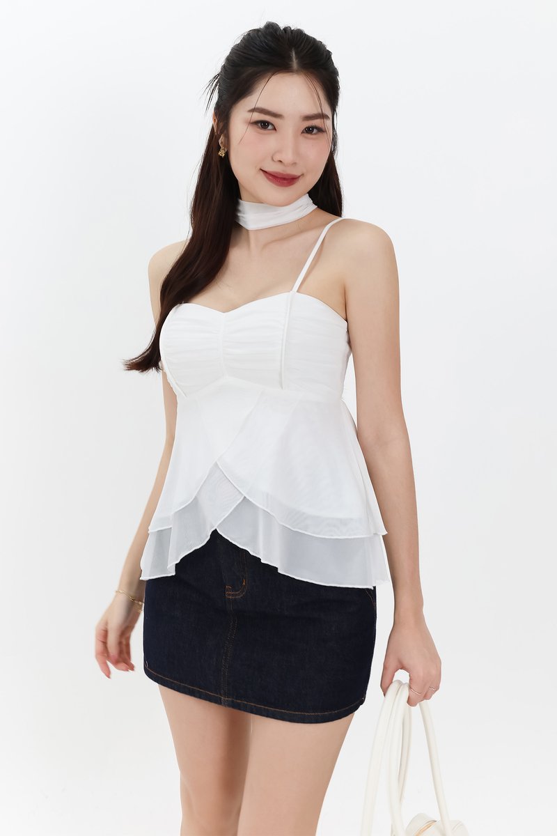 Maisie Mesh Babydoll Top with Sash in White