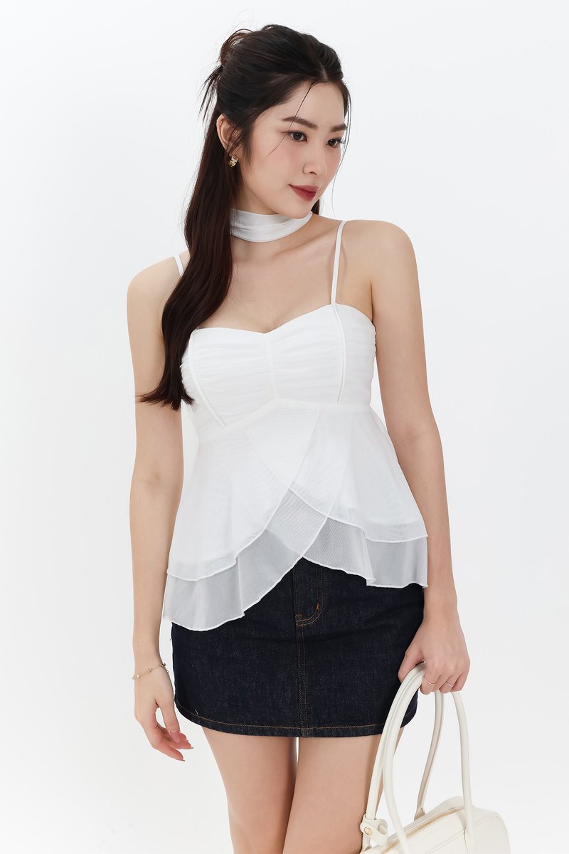 Maisie Mesh Babydoll Top with Sash in White