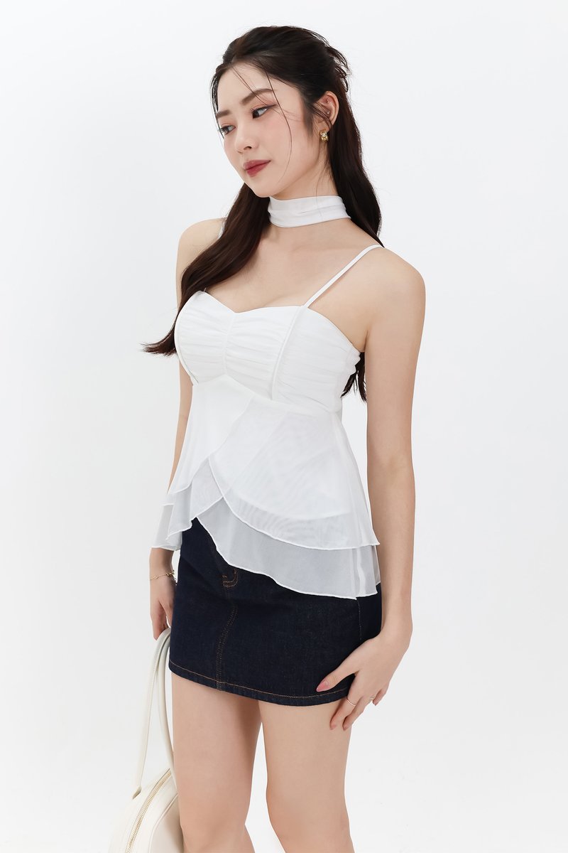 Maisie Mesh Babydoll Top with Sash in White