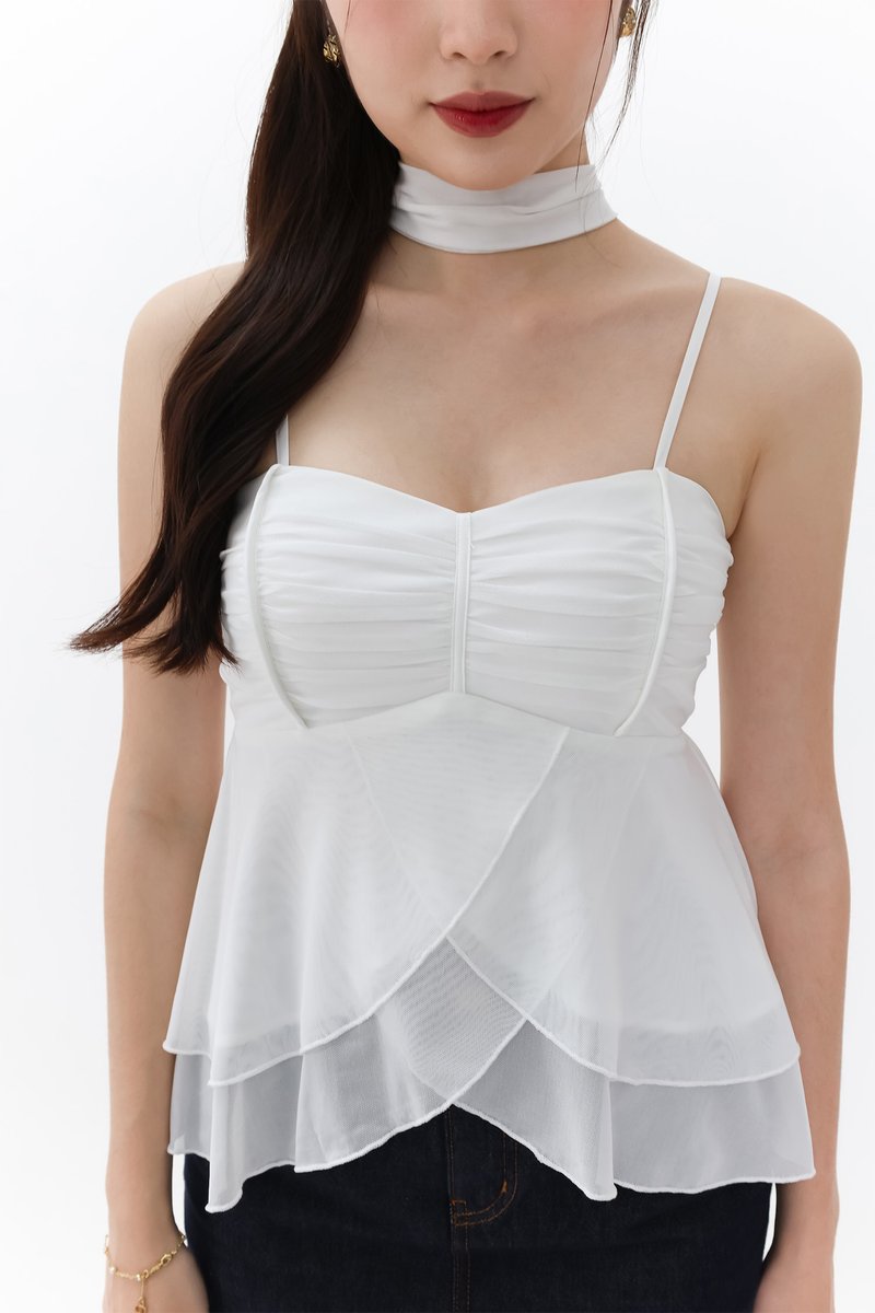 Maisie Mesh Babydoll Top with Sash in White