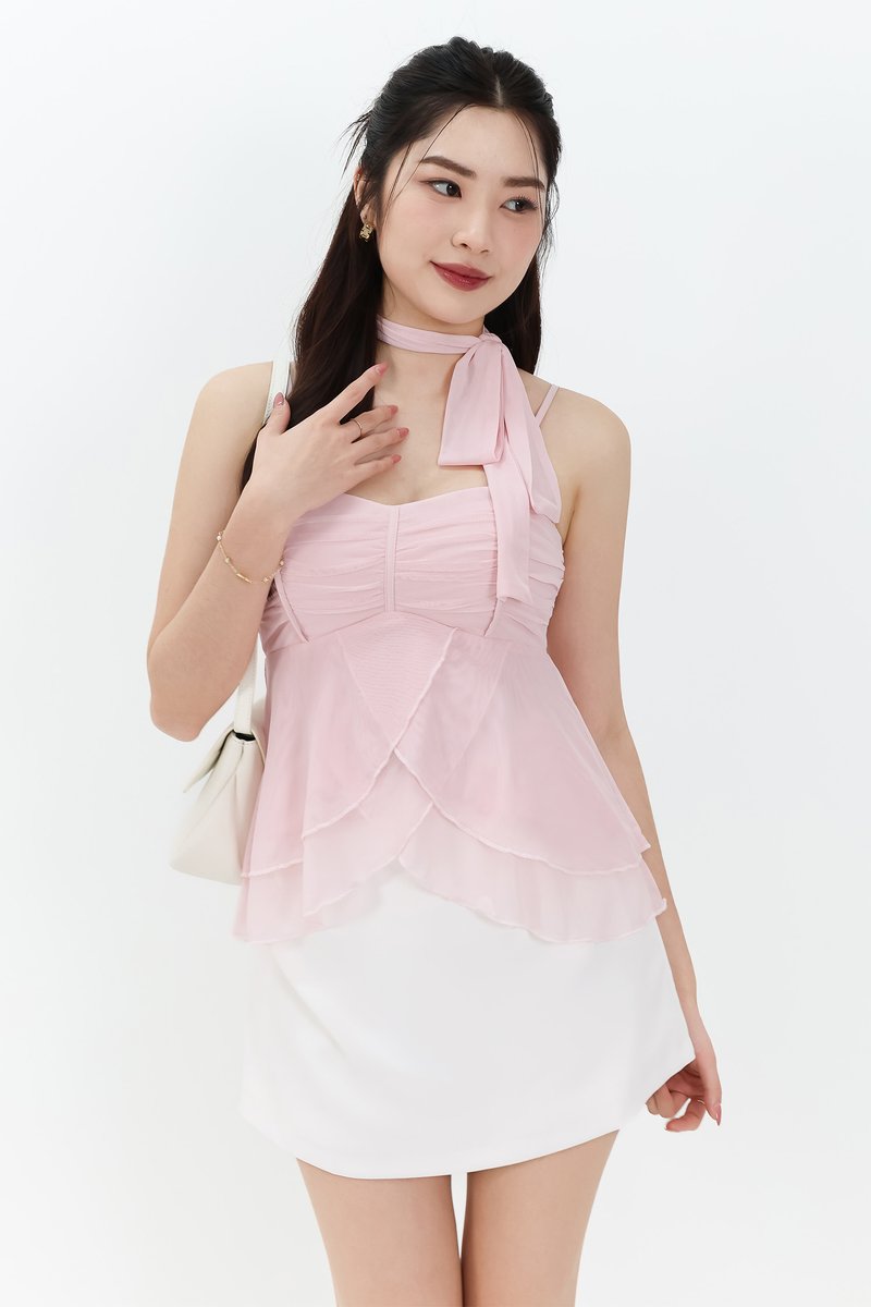 Maisie Mesh Babydoll Top with Sash in Pastel Pink