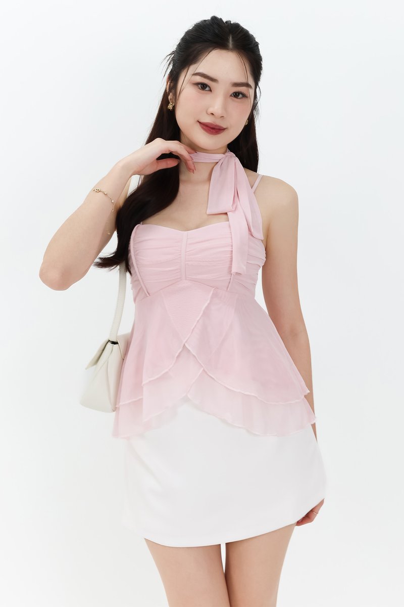 Maisie Mesh Babydoll Top with Sash in Pastel Pink