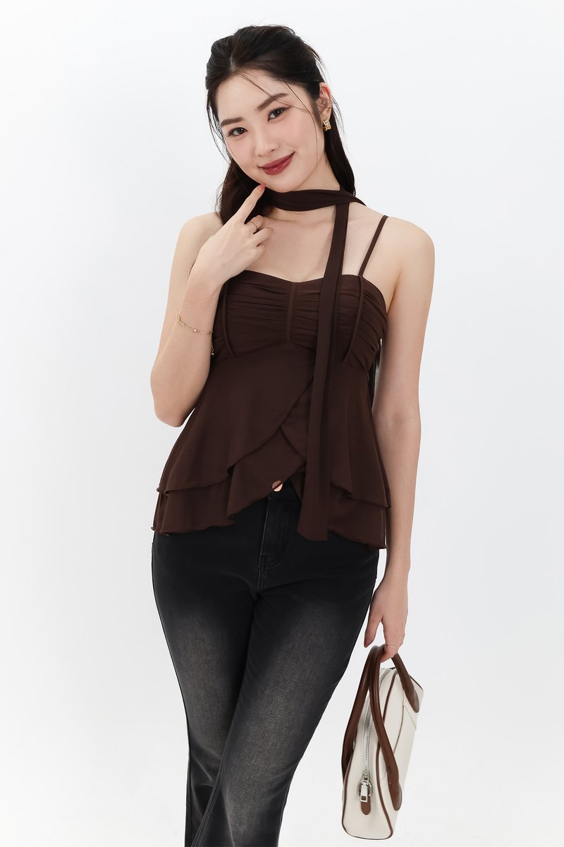 Maisie Mesh Babydoll Top with Sash in Dark Brown