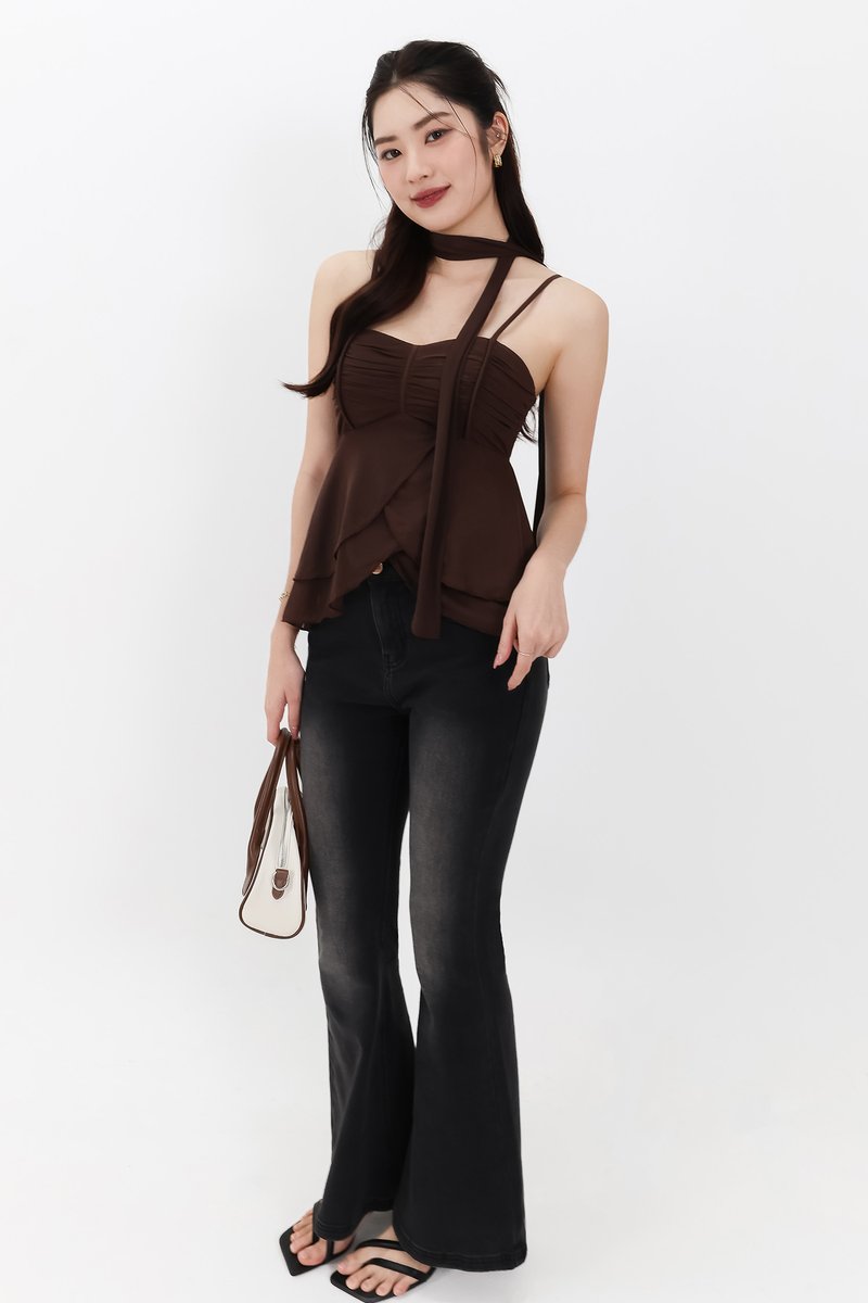 Maisie Mesh Babydoll Top with Sash in Dark Brown