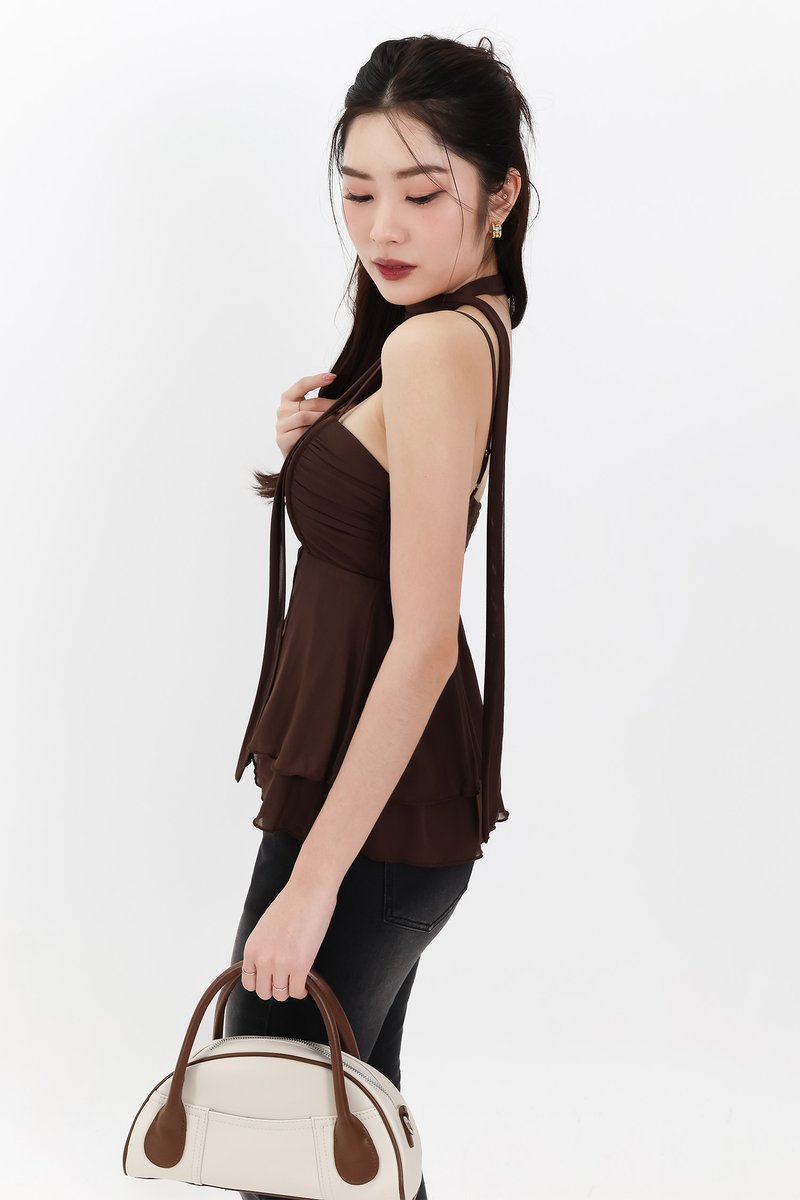 Maisie Mesh Babydoll Top with Sash in Dark Brown