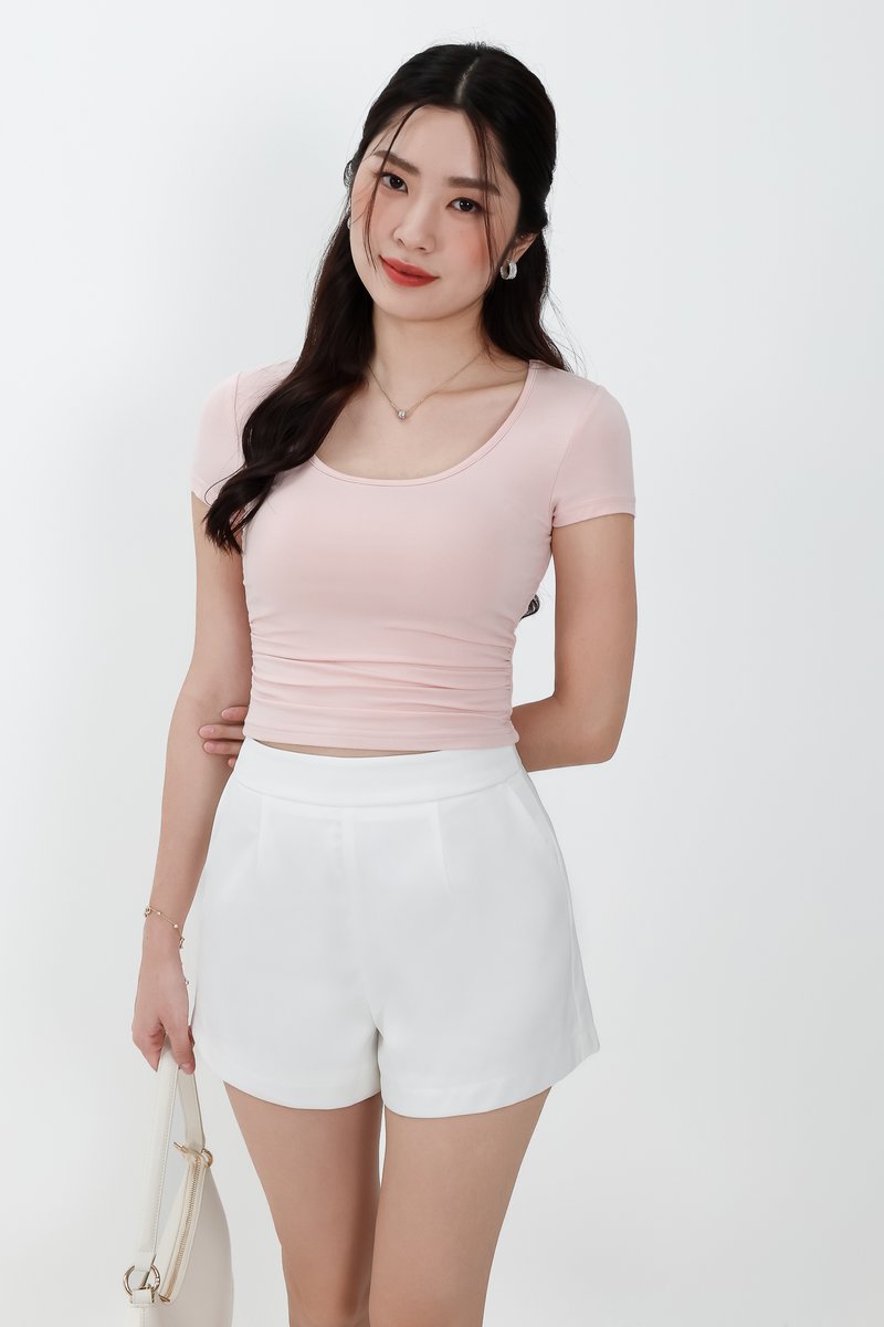 Rwella Ruched Round Neck Tee in Light Pink