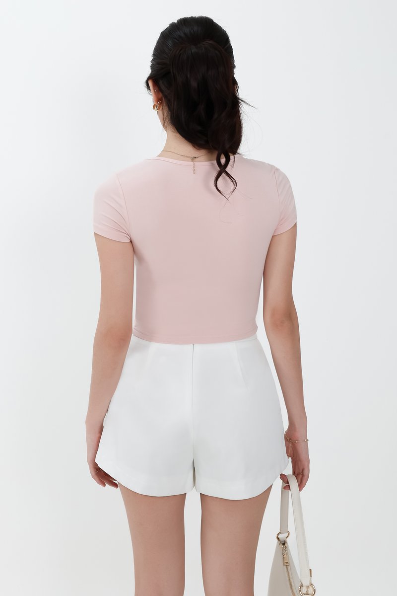 Rwella Ruched Round Neck Tee in Light Pink