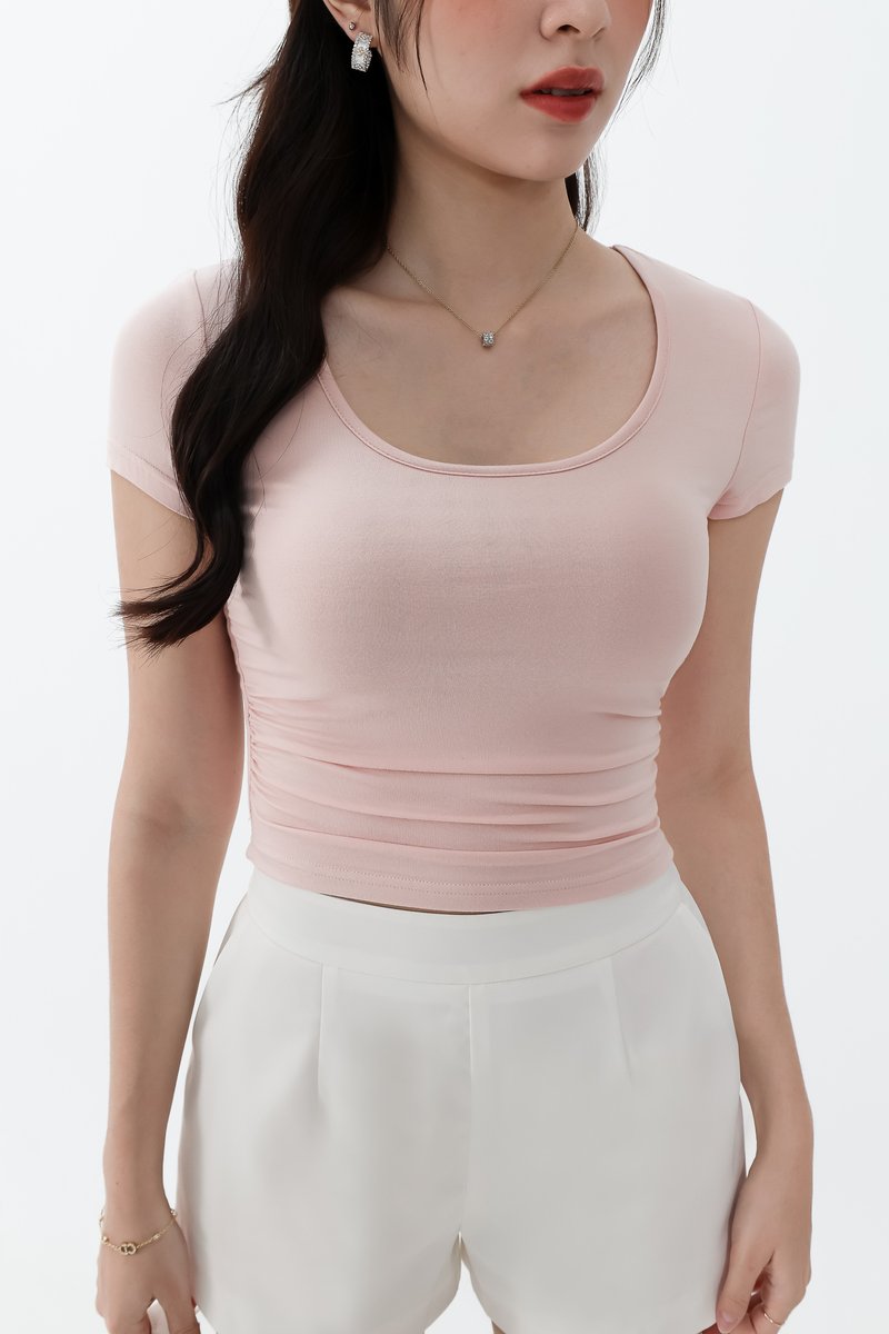Rwella Ruched Round Neck Tee in Light Pink