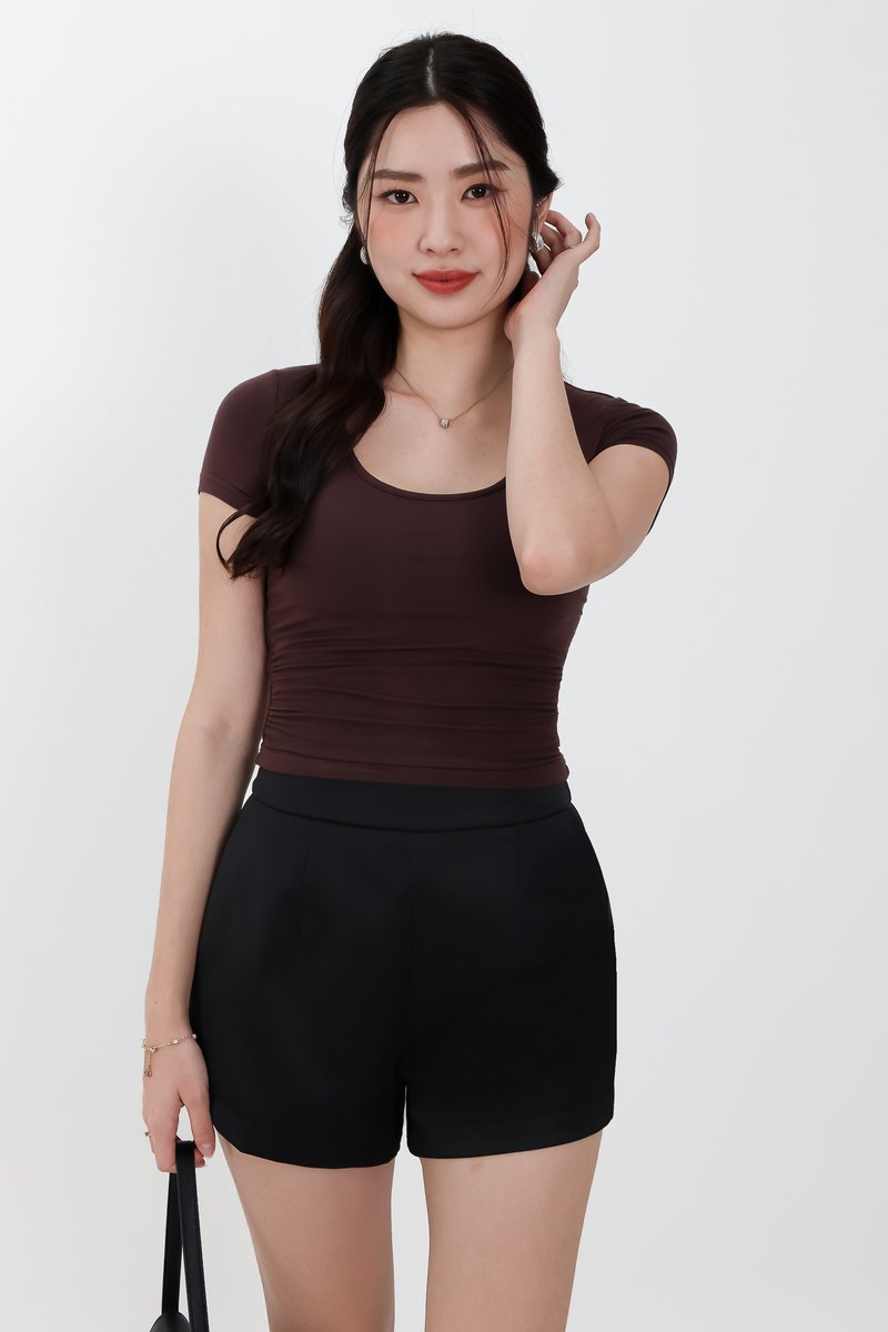 Rwella Ruched Round Neck Tee in Dark Brown