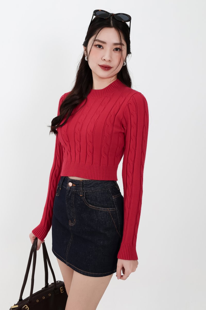 Christa Cable Knit Sweater in Red