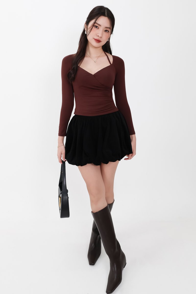 BACKORDER | Helena Halter Long Sleeve Top in Dark Chocolate Brown