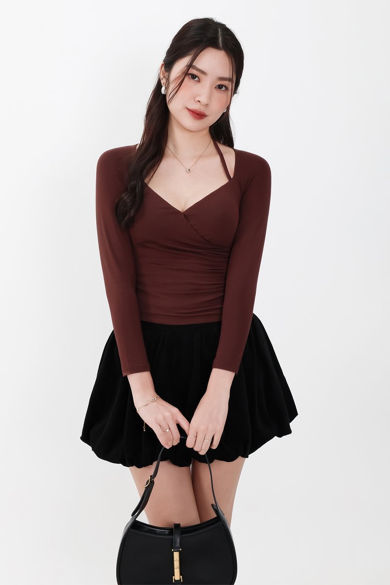 BACKORDER | Helena Halter Long Sleeve Top in Dark Chocolate Brown