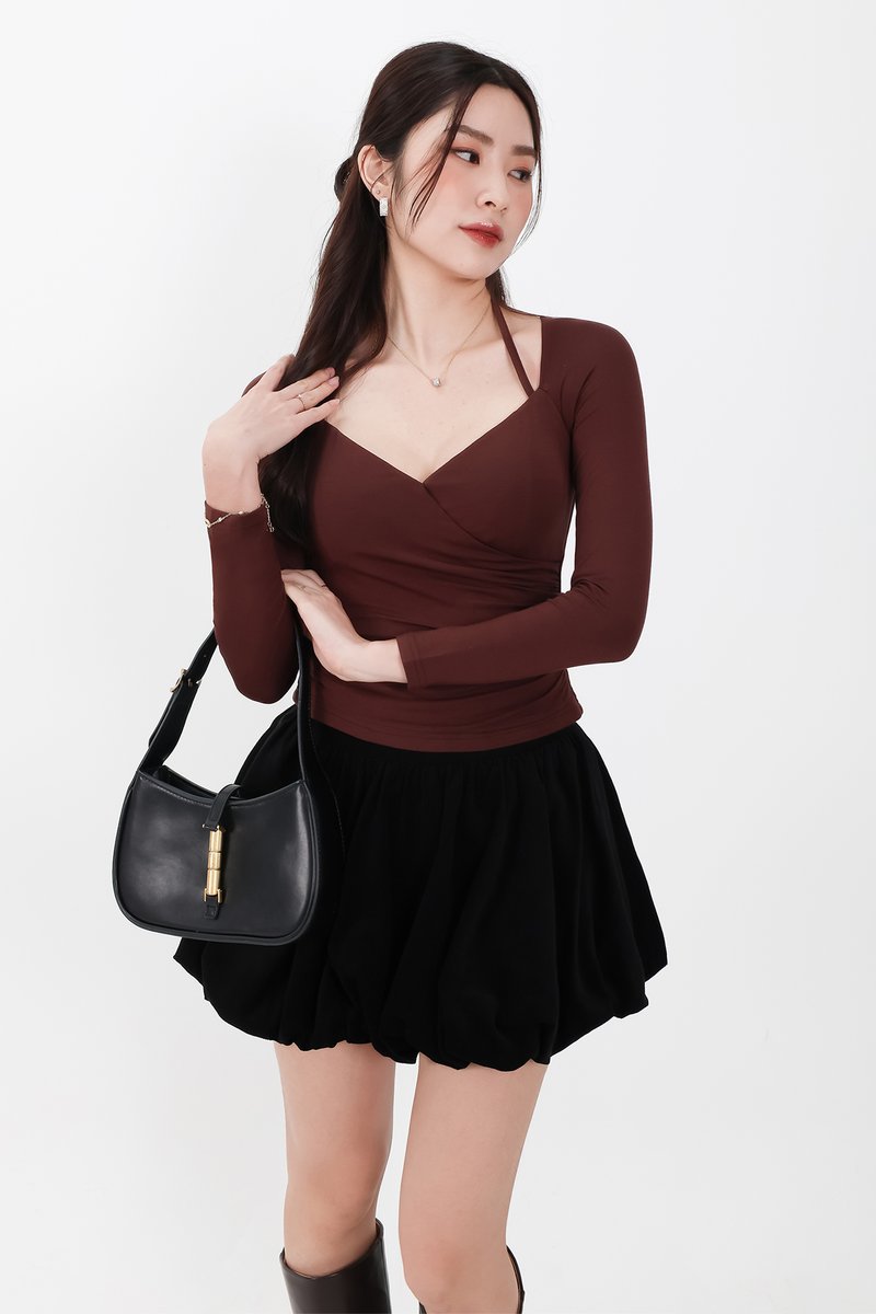 BACKORDER | Helena Halter Long Sleeve Top in Dark Chocolate Brown