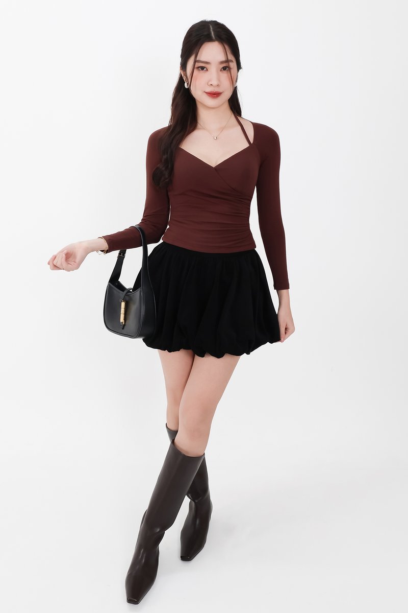 BACKORDER | Helena Halter Long Sleeve Top in Dark Chocolate Brown