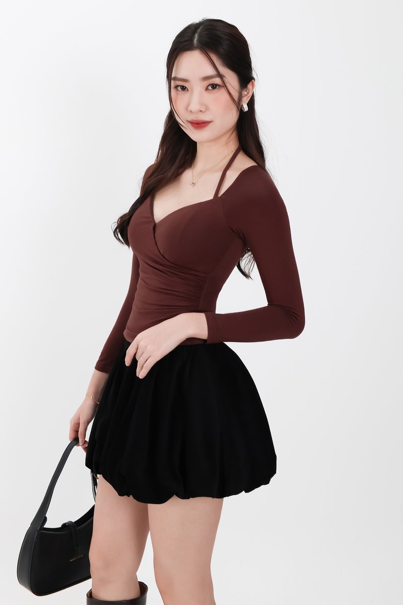 BACKORDER | Helena Halter Long Sleeve Top in Dark Chocolate Brown