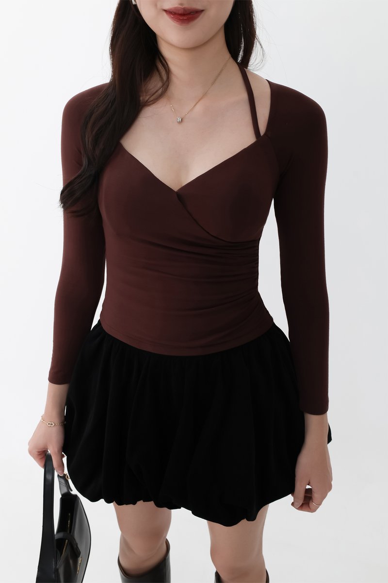 BACKORDER | Helena Halter Long Sleeve Top in Dark Chocolate Brown