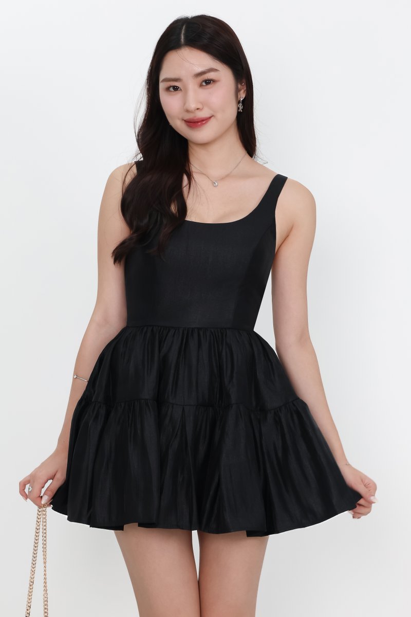 Tiffy Tiered Romper Dress in Black