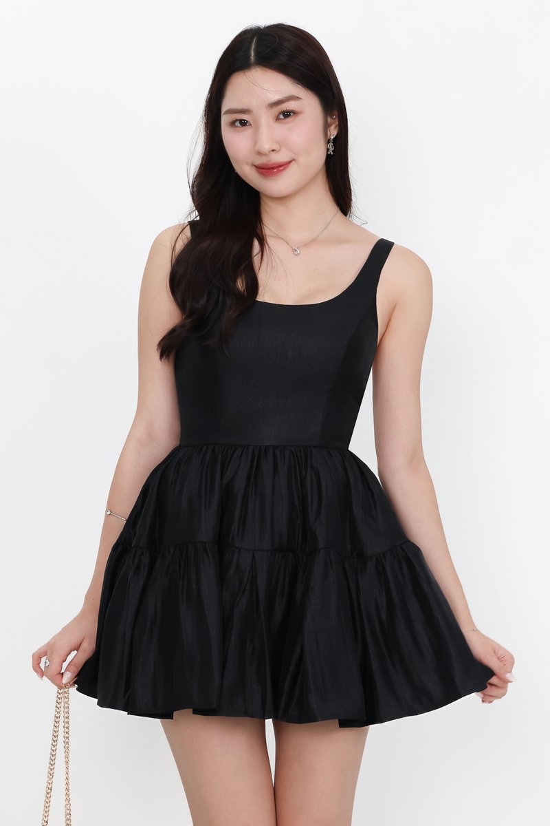 Tiffy Tiered Romper Dress in Black