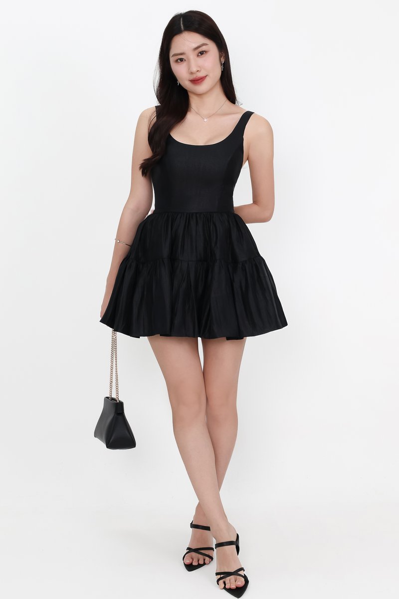 Tiffy Tiered Romper Dress in Black