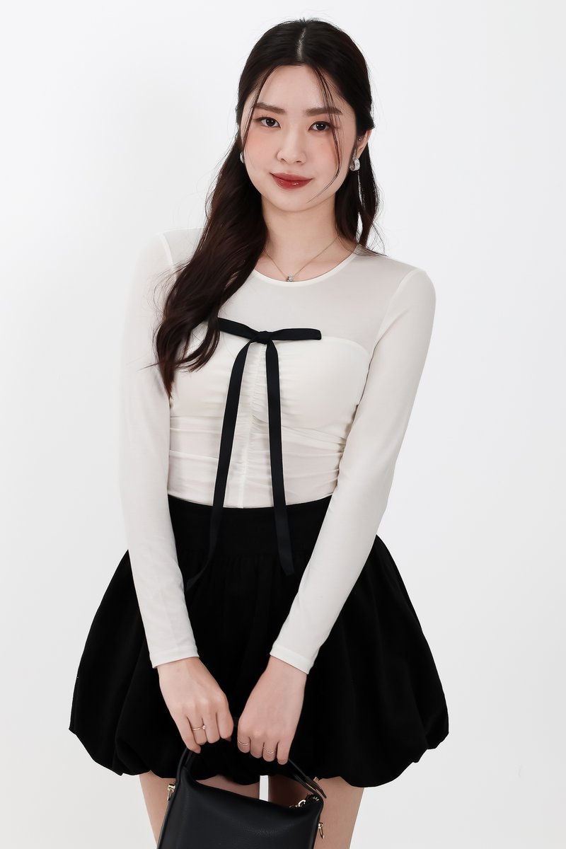 Hazelle Half Sheer Long Sleeve Tee in Cream White