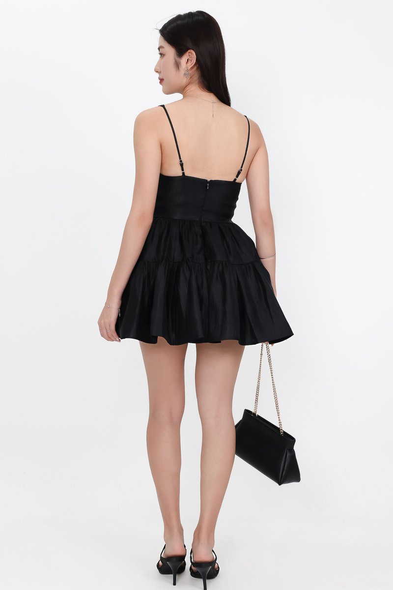 Tiffy Tiered Romper Dress in Black