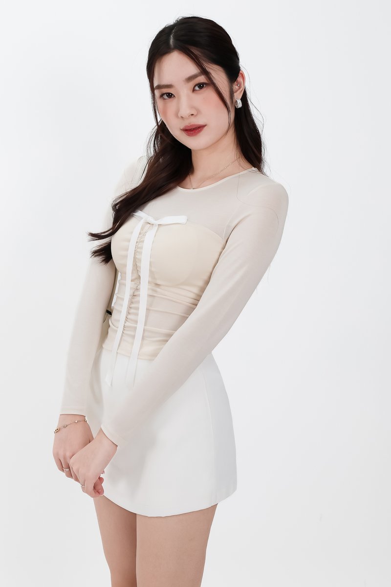 Hazelle Half Sheer Long Sleeve Tee in Light Cream Yellow