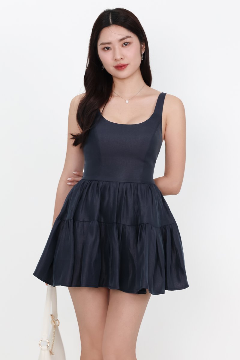 Tiffy Tiered Romper Dress in Midnight