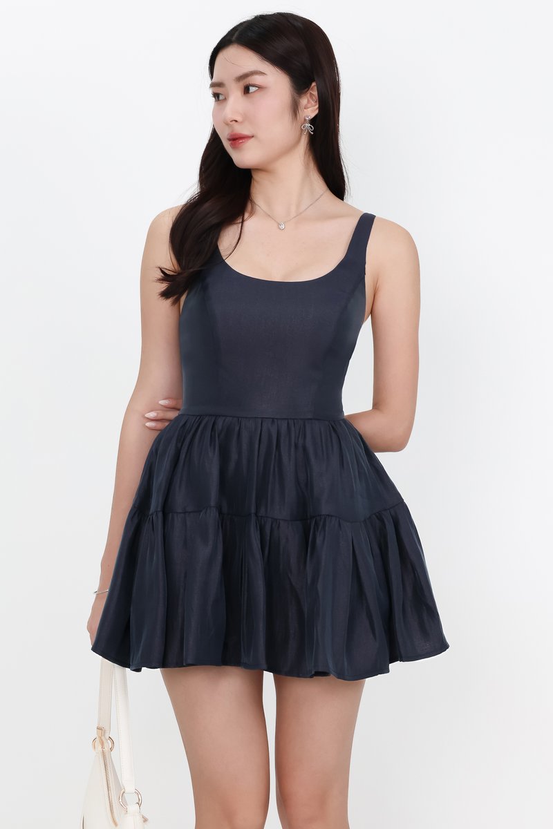 Tiffy Tiered Romper Dress in Midnight