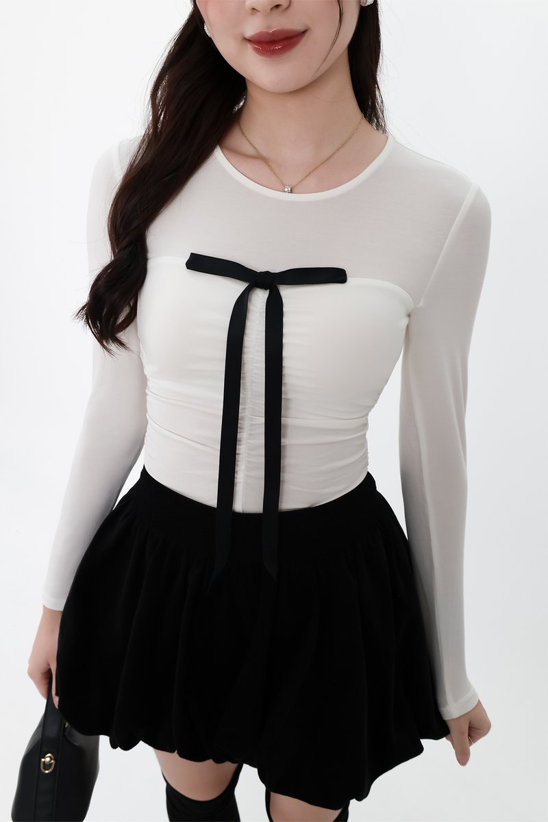 Hazelle Half Sheer Long Sleeve Tee in Cream White