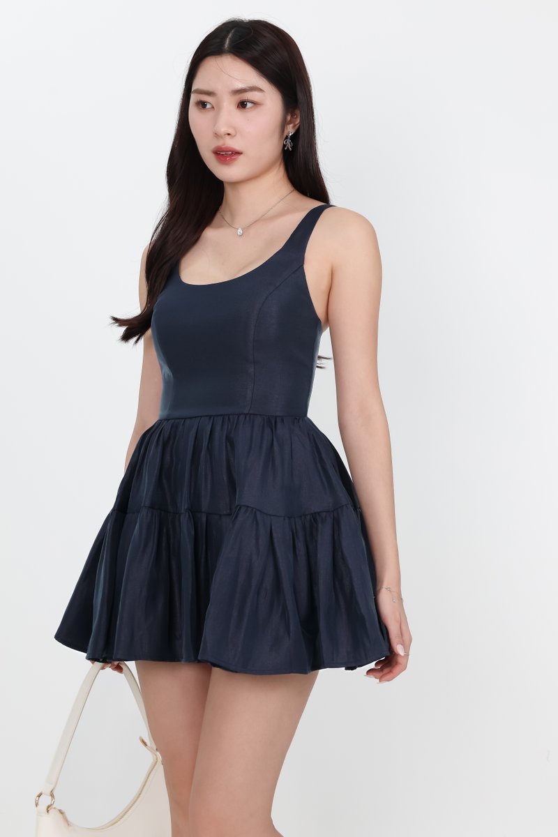 Tiffy Tiered Romper Dress in Midnight