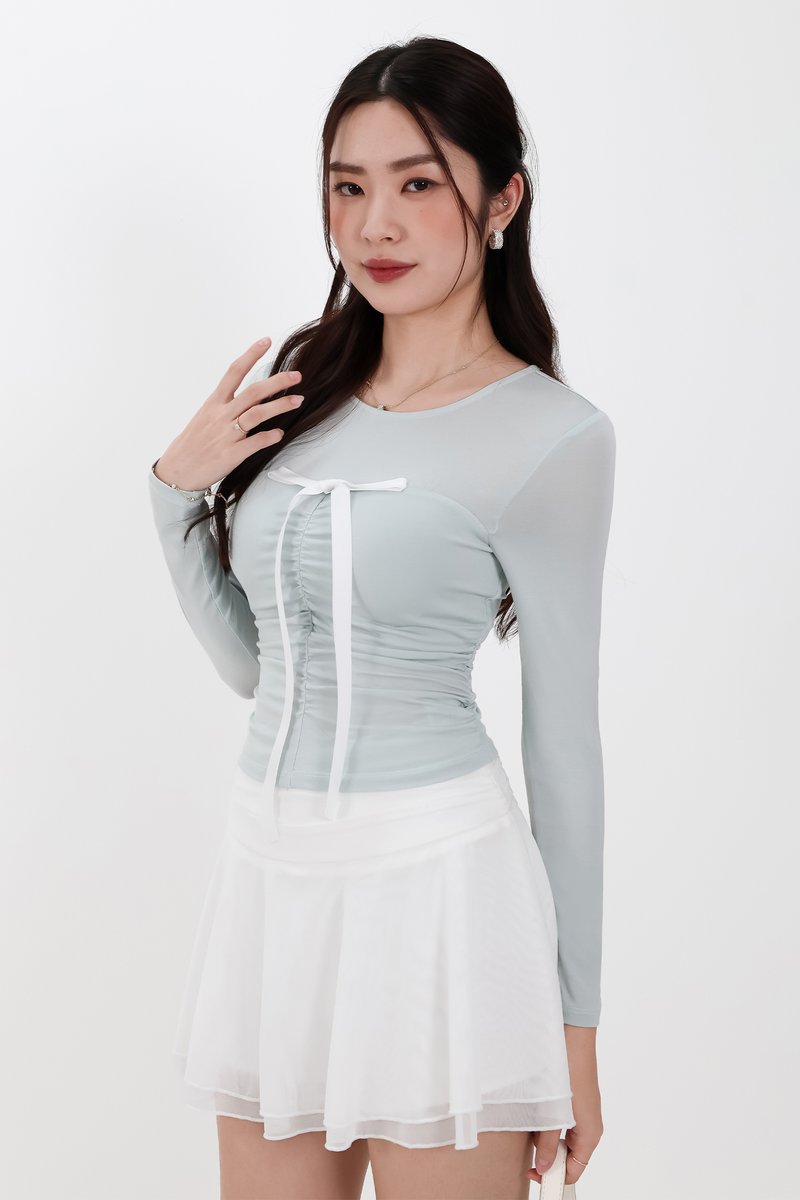 Hazelle Half Sheer Long Sleeve Tee in Soft Mint
