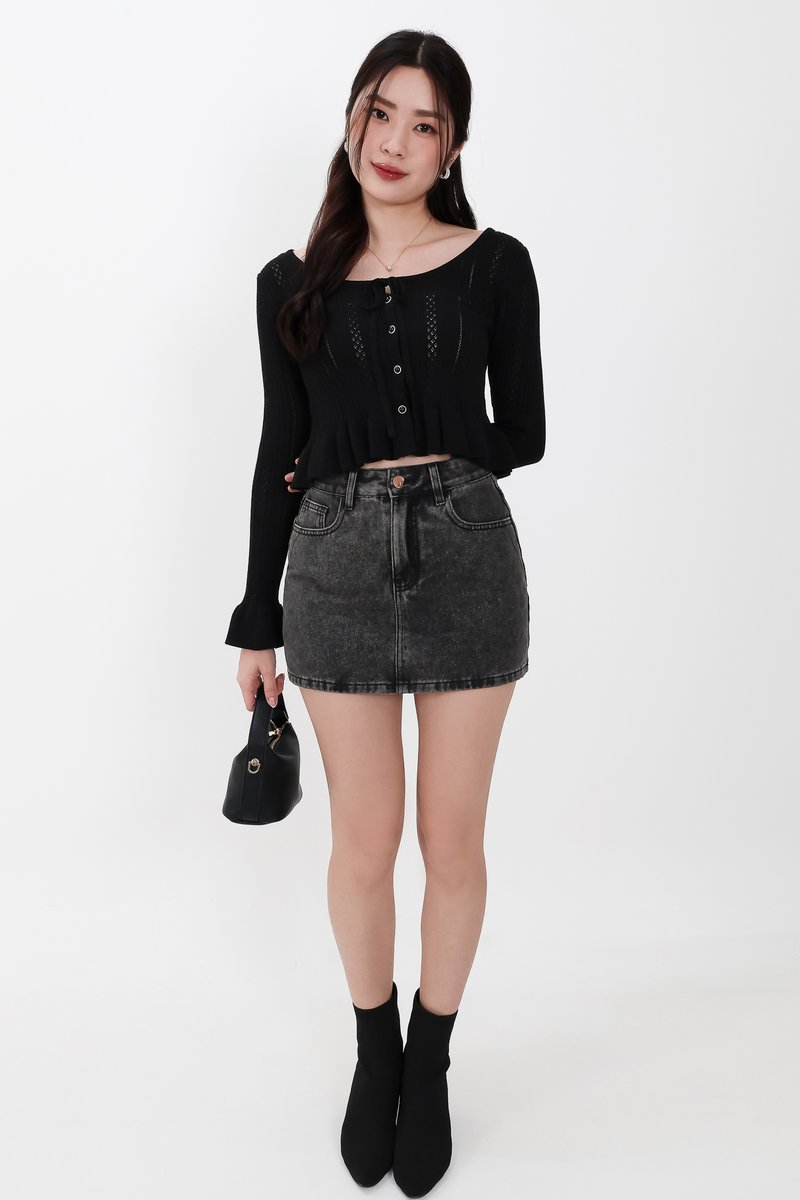 Phelia Pointelle Knit Cardigan Top in Black Phelia Pointelle Knit Cardigan Top in Black