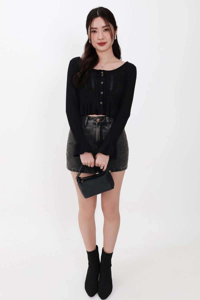 Phelia Pointelle Knit Cardigan Top in Black Phelia Pointelle Knit Cardigan Top in Black